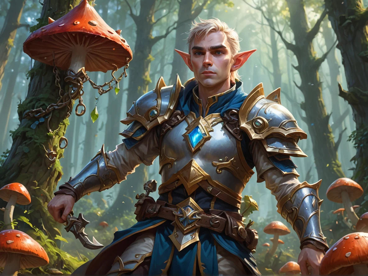 Vindictive (Elf:1.1), Cleric, A collar of floating iron links, low angle shot, mushroom forest, weak