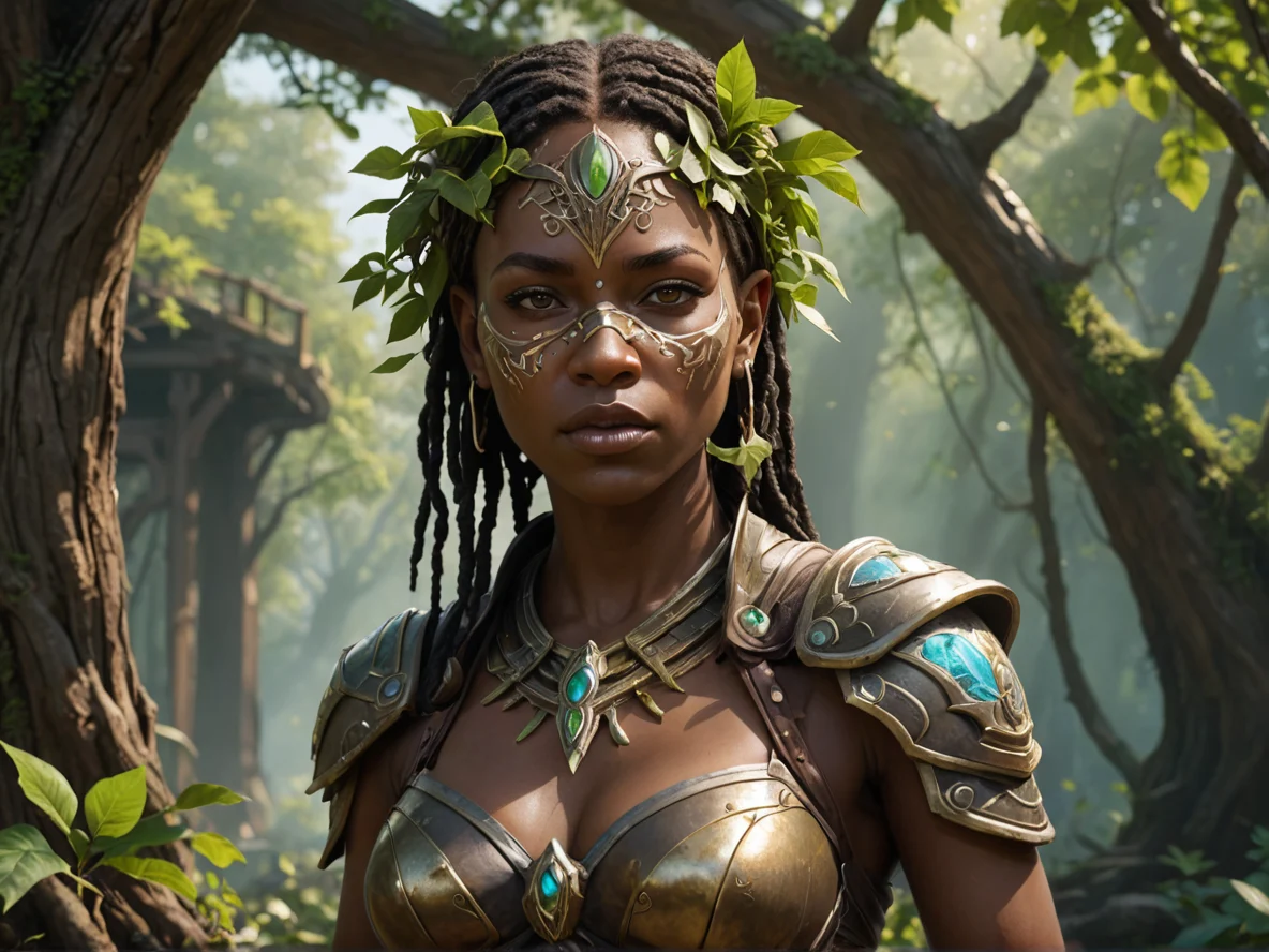 Pessimistic Human female, African, Gunslinger, A mask of dark wood sprouting fresh leaves, dynamic angle, ancient bridge, weak