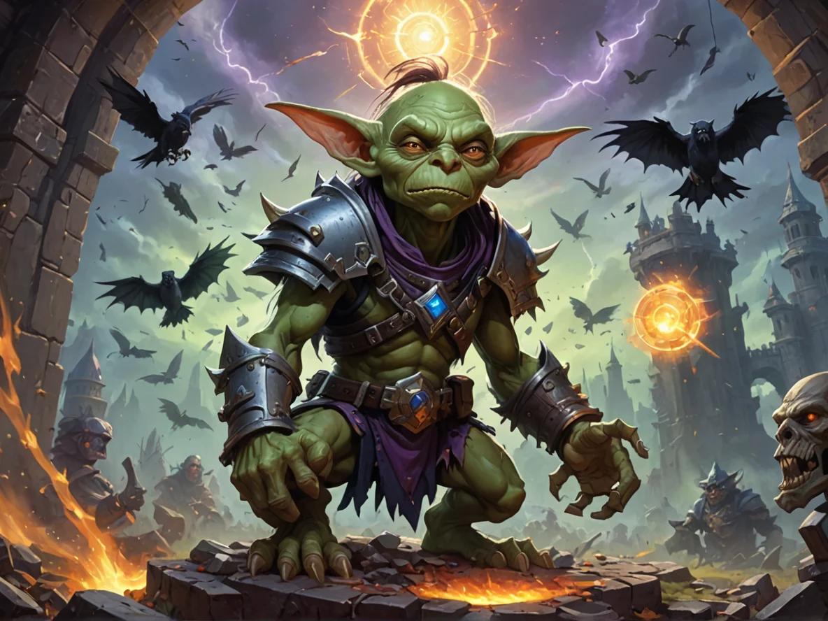 Crystal-eyed (Goblin:1.1), Alchemist, At the edge of a battlefield, crows circling overhead, waist-up shot, portal chamber, weak