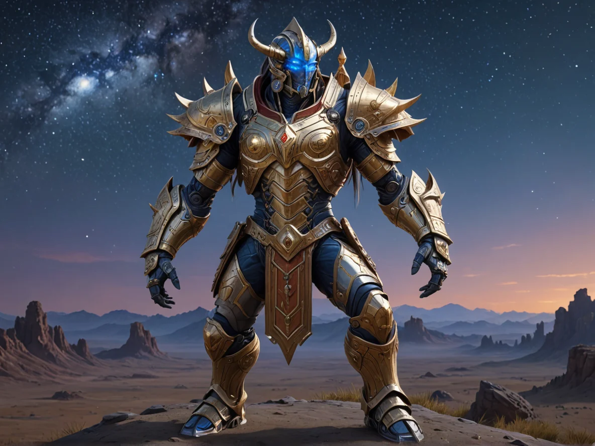 Altruistic Human male, Southeast Asian, Summoner, A mechanical spine visible beneath segmented armor, full-body shot, starry plains, weak