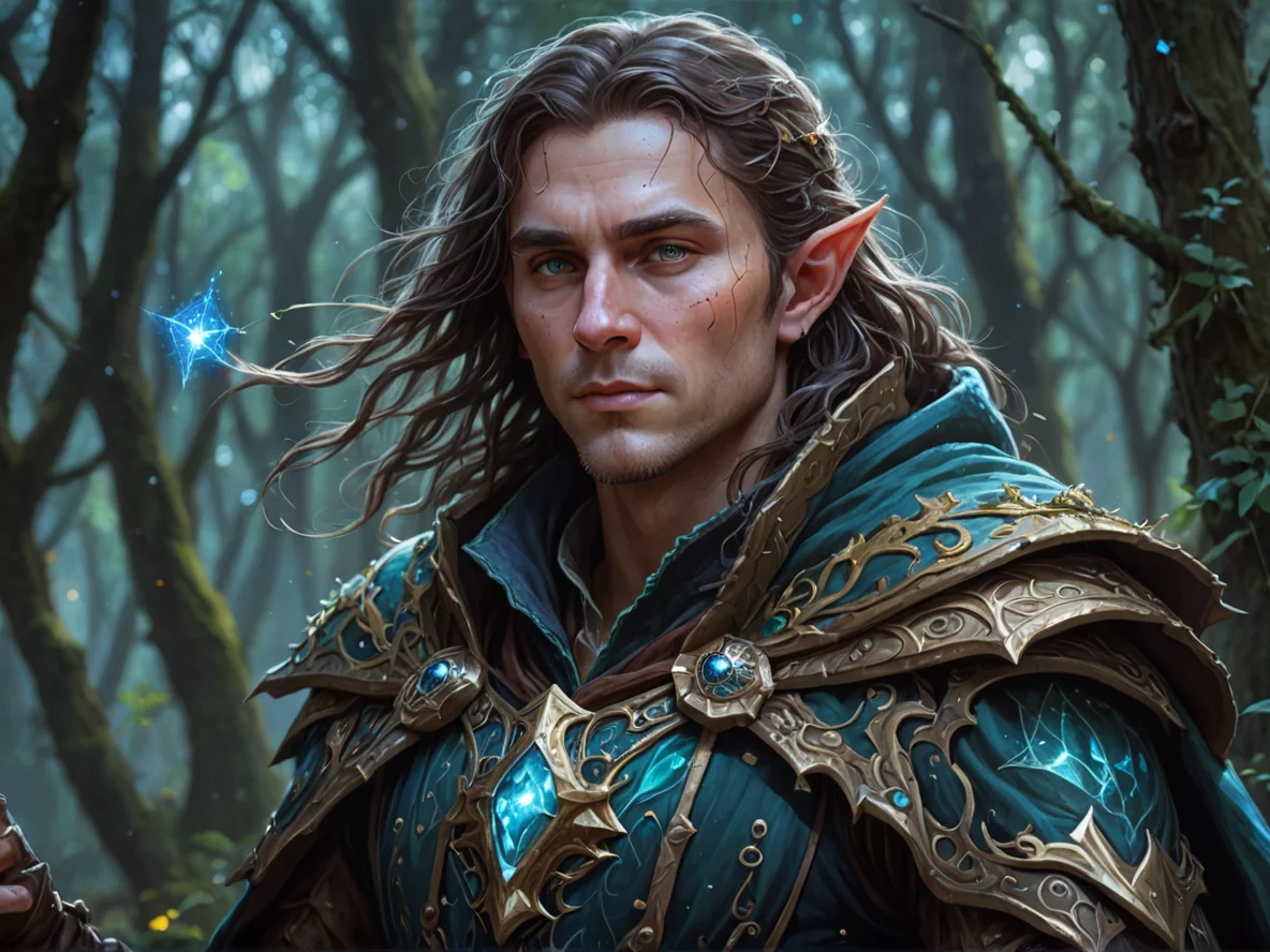 Quick-witted (Elf:1.1), Bard, A cloak lined with constellations that shift as they move, close-up portrait, thorny woodland, weak