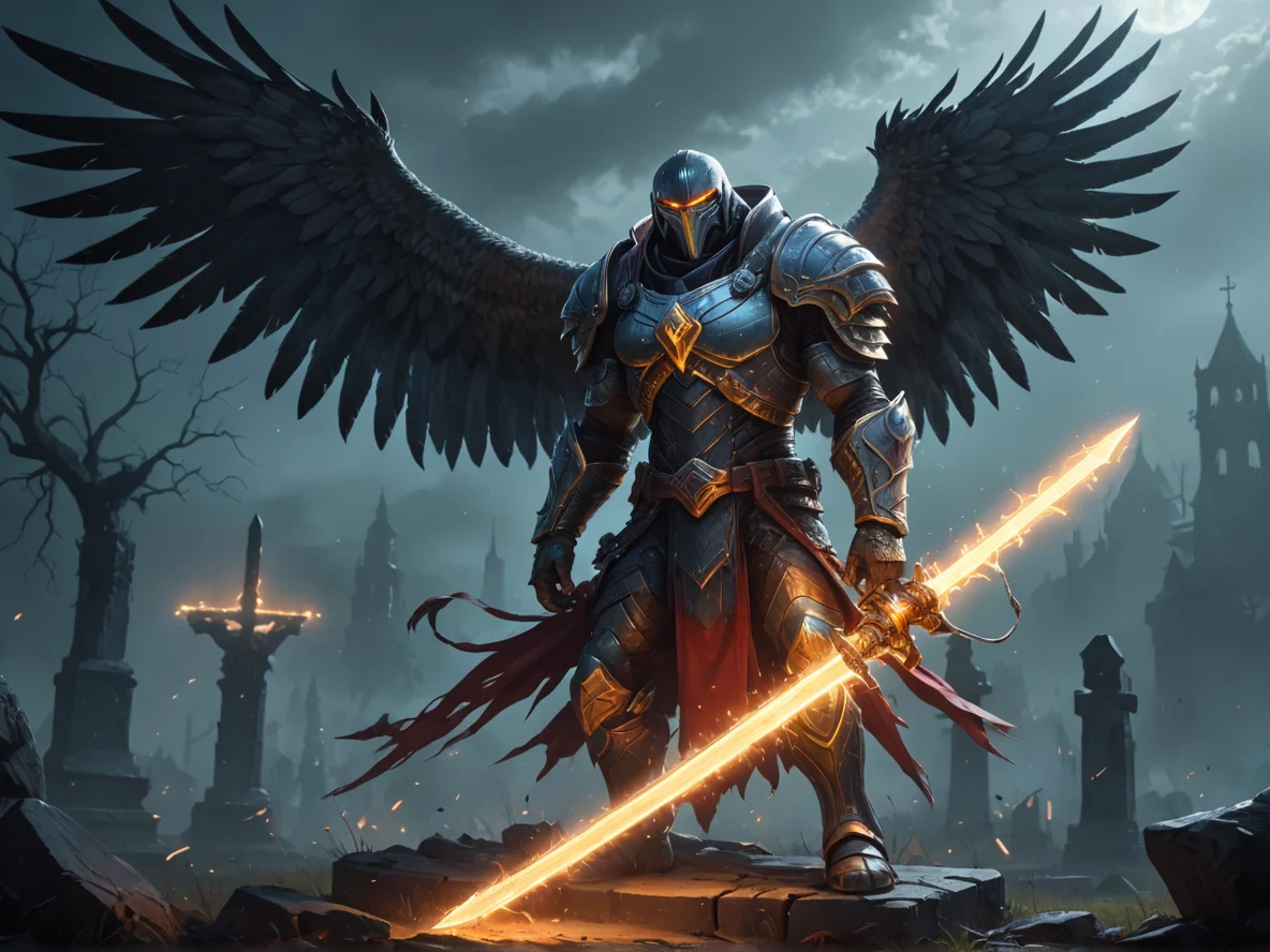 Dominant (Falcon:1.1), A sword carrying a line of glowing text along its edge, dynamic angle, foggy graveyard, weak
