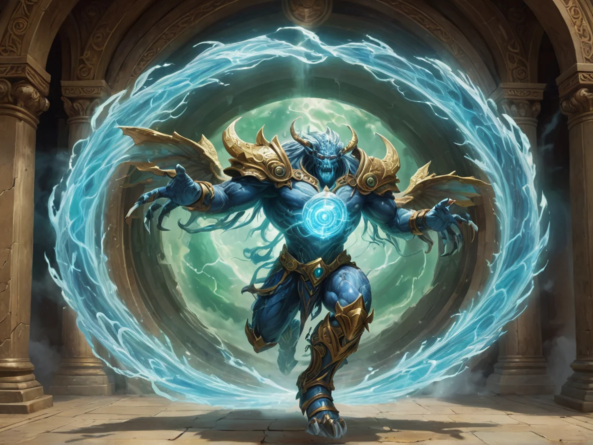 Dominant (Air Elemental:1.1), transparent wind body, cyclone torso, storm wings, trailing vapor, A shield inset with a circular window onto another realm, three-quarter view, underground temple, weak