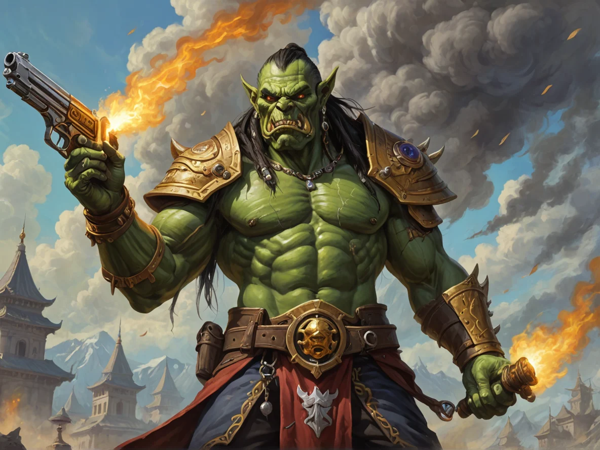 Eldritch (Orc:1.1), Myrmidon, A pair of pistols emitting trails of golden smoke, waist-up shot, cloud monastery, weak