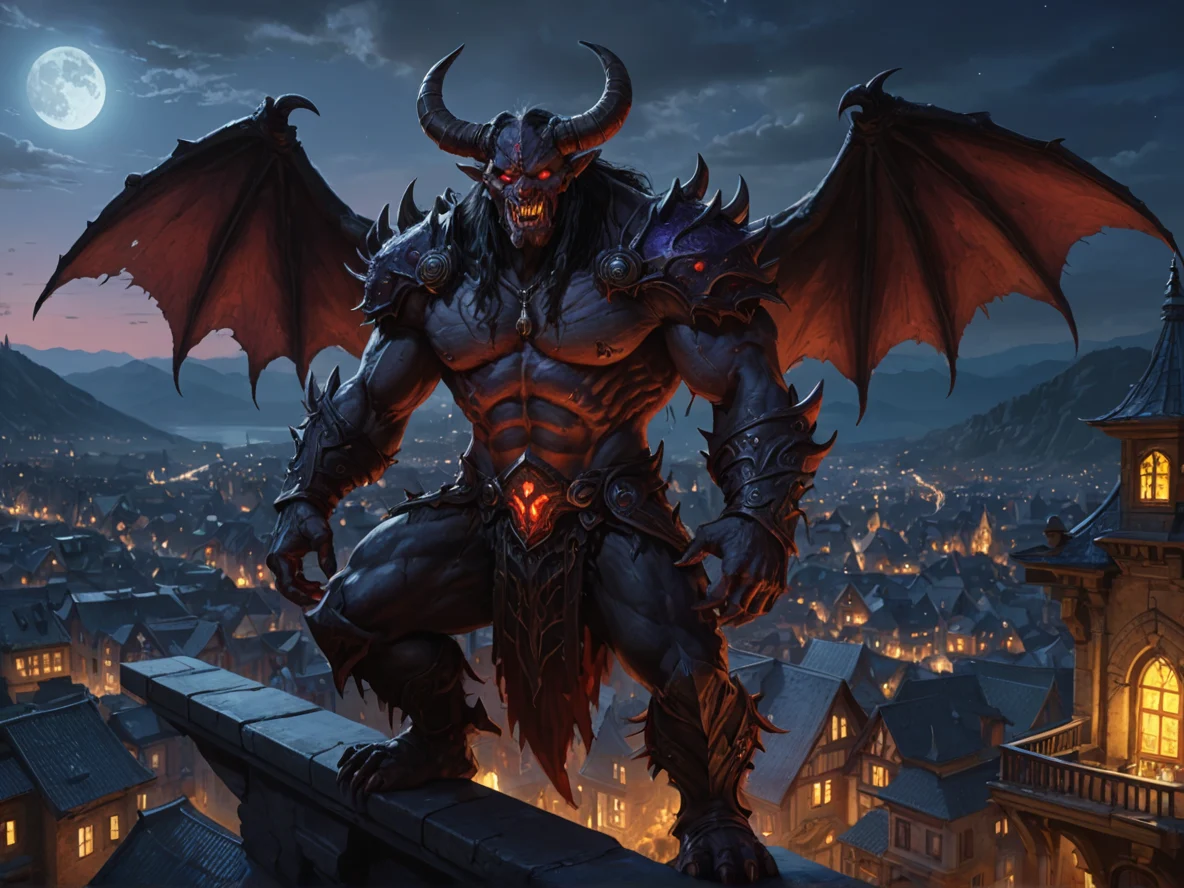 Relentless (Demon:1.1), Harbinger, On a balcony, overlooking a brightly lit city at night, low angle shot, highland valley, weak