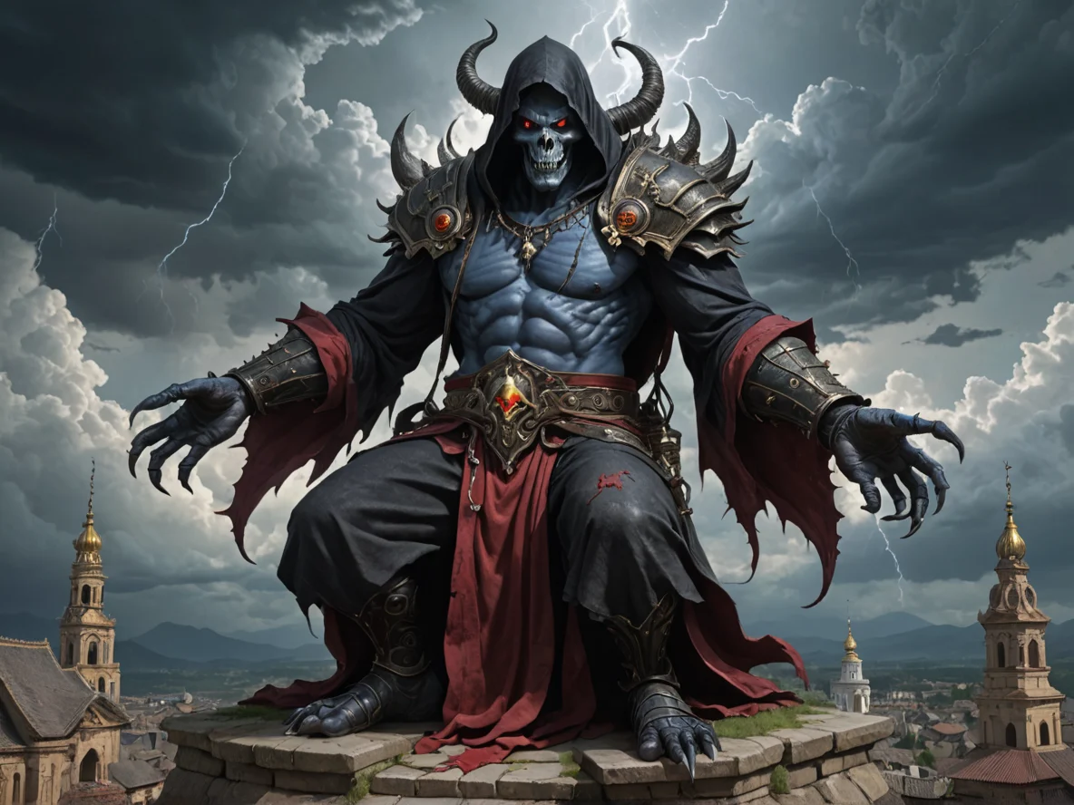 Patient (Demon:1.1), Reaper, Atop a monastery built into a thundercloud, three-quarter view, weak