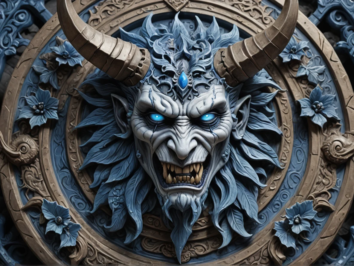 Corrupted (Demon:1.1), Occultist, A porcelain gorget decorated with blue floral designs, close-up portrait, jungle temple, weak