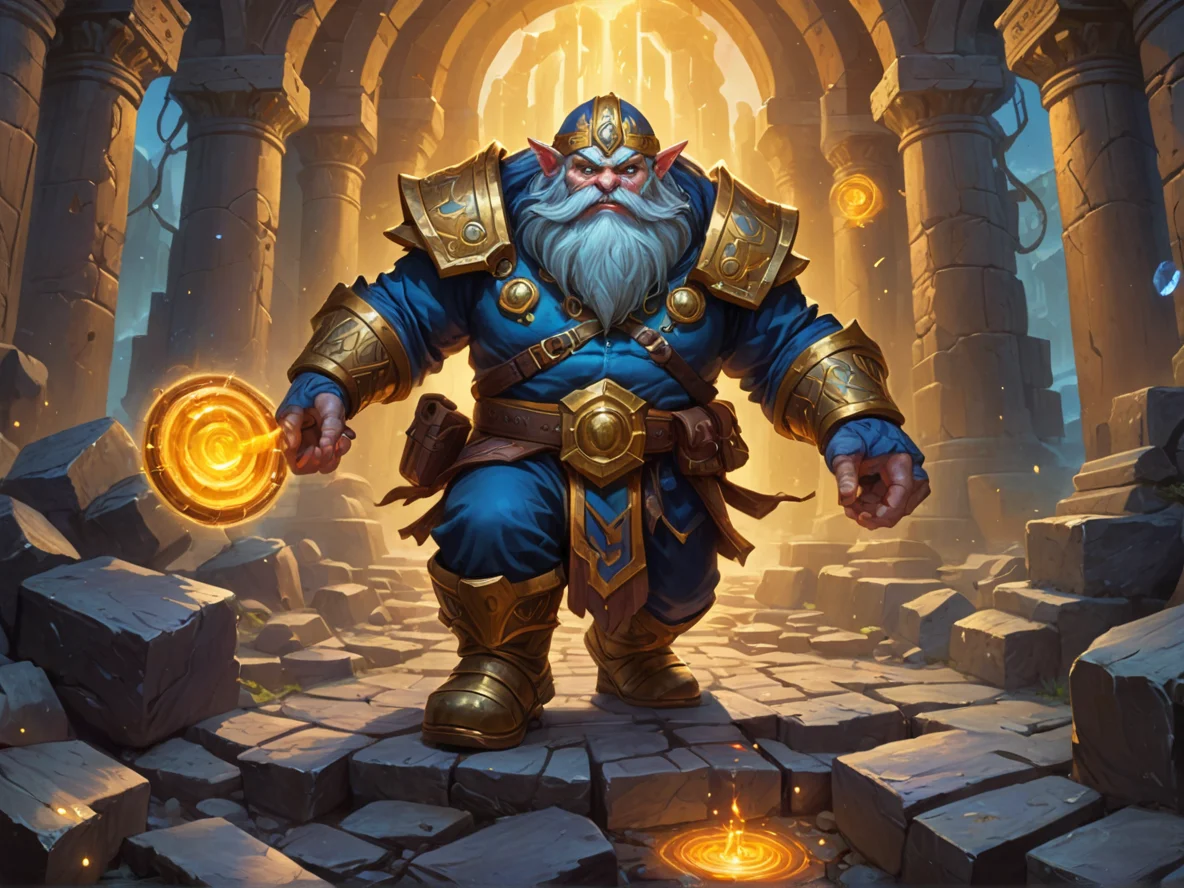 Gold-veined (Dwarf:1.1), Engineer, Clearing path through floating rune-carved ruins, full-body shot, astral void, weak