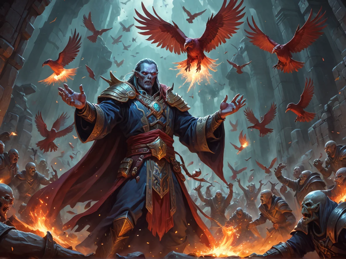 Stormborn (Undead:1.1), Blood Mage, Releasing a flock of glowing birds from cupped hands, dynamic angle, stone canyon, weak