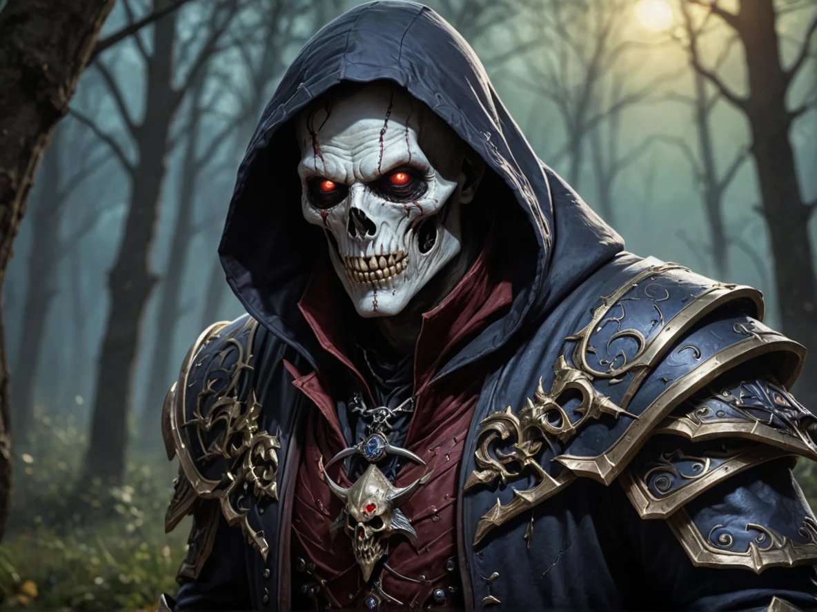 Compassionate (Undead:1.1), Vampire, Hood that obscures the wearer’s face, waist-up shot, bone field, weak