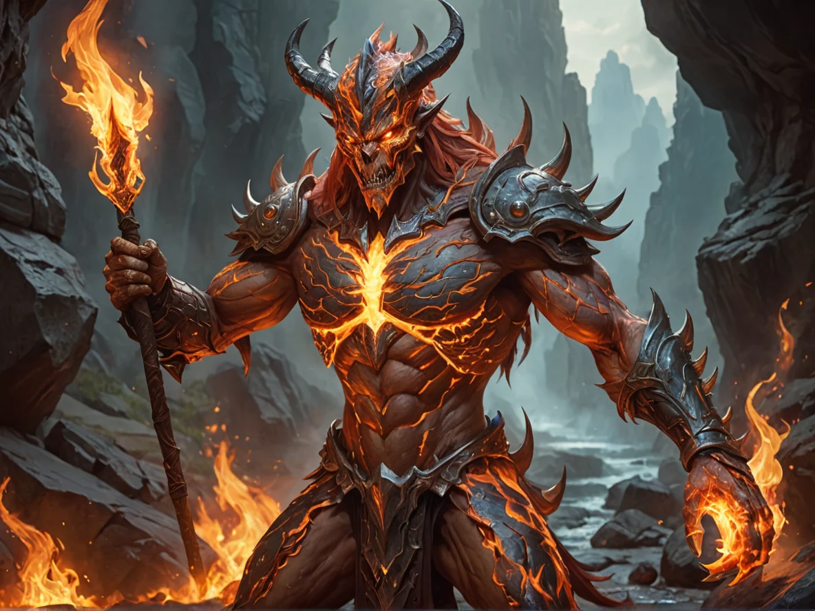 Patient (Fire Elemental:1.1), liquid magma body, burning crown, elegant stance, Skin covered in fine scales that shimmer like oil, close-up portrait, stone canyon, weak
