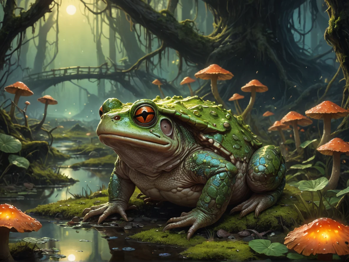 Pessimistic (Giant Toad:1.1), In a swamp of glowing fungi, insects buzzing with light, medium close-up, broken bridge, weak