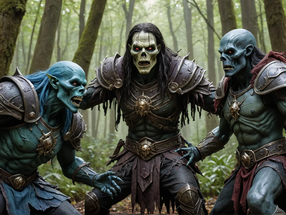 Ruthless (Undead:1.1), Necromancer, Fighting alongside living statues, close-up portrait, sacred grove, weak