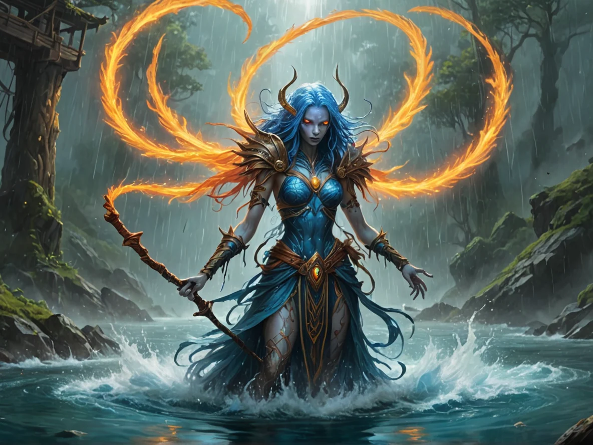 Unpredictable (Water Elemental:1.1), slender rain elemental, levitating tide orb, flowing veil, A longbow decorated with feathers made of flame, close-up portrait, suspension bridge, weak