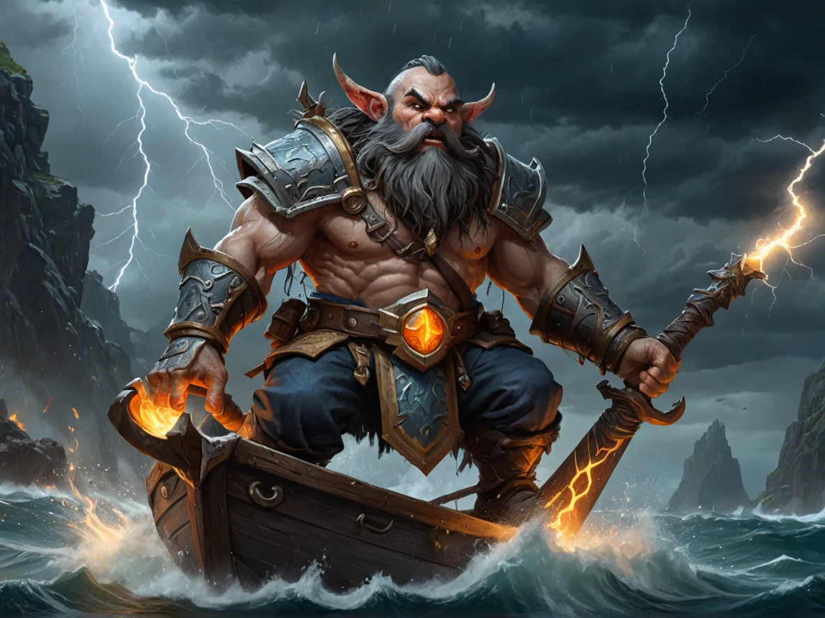 Ember-eyed (Dwarf:1.1), Warrior, On a ship sailing through a storm with lightning overhead, full-body shot, obsidian cliffs, weak