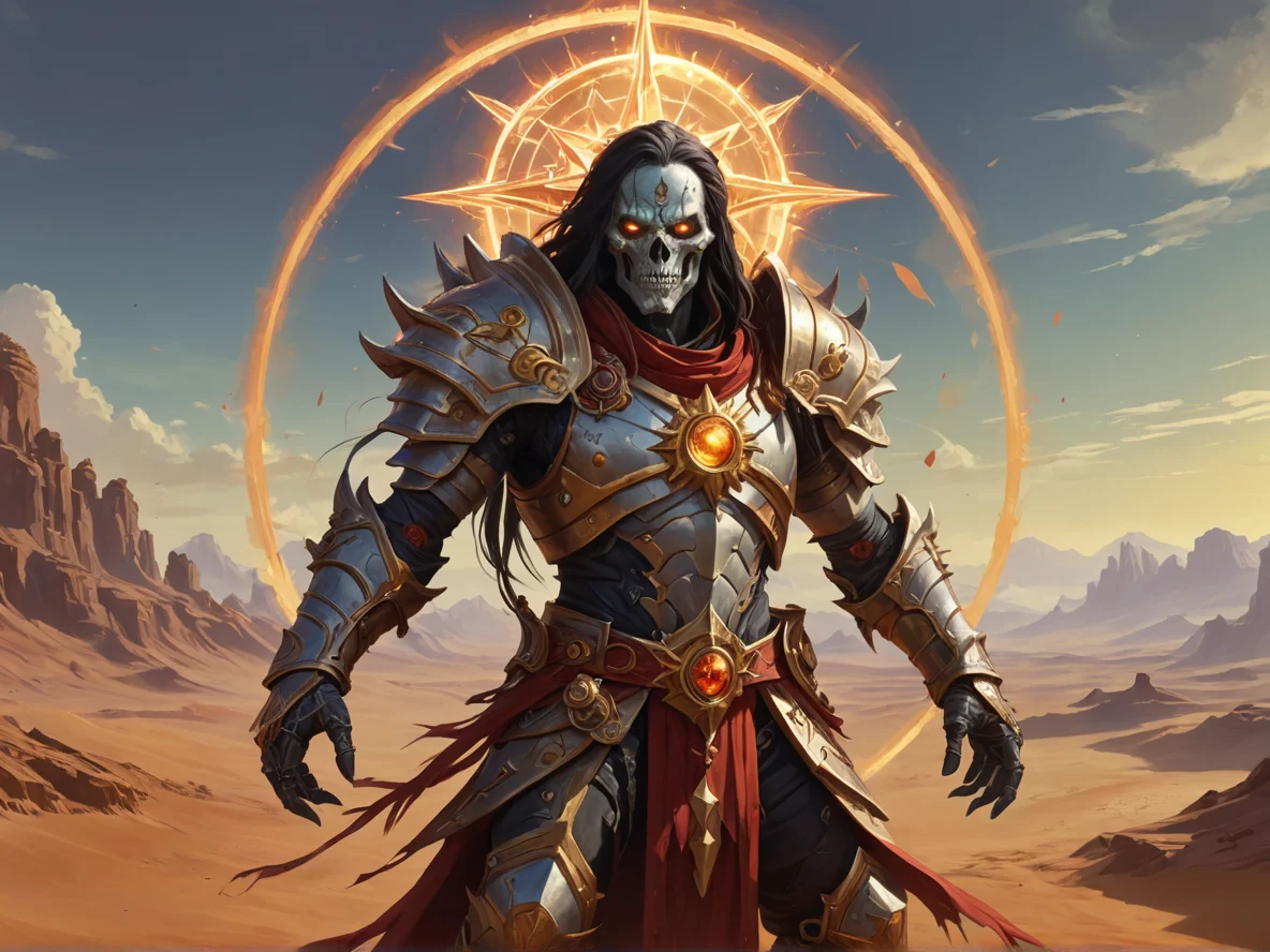 Lightforged (Undead:1.1), Blightbringer, A floating compass spinning above one palm, close-up portrait, red desert, weak