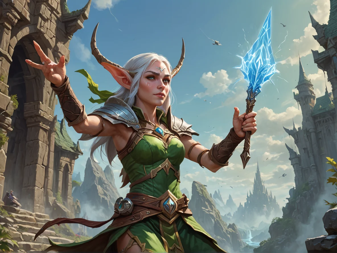 Feral (Elf:1.1), Enchanter, Catching an incoming arrow between two fingers, medium close-up, floating ruins, weak