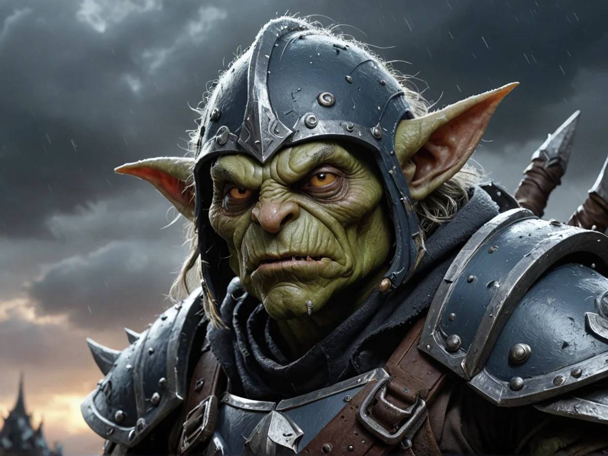 Nightbound (Goblin:1.1), Bounty Hunter, A helmet surrounded by a faint ring of frost, low angle shot, storm clouds, weak