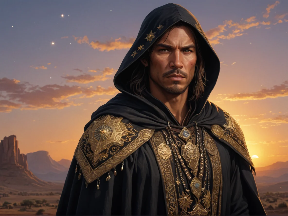 Tenacious Human male, Indigenous American, Gunslinger, Cloak embroidered with golden stars, medium close-up, sunset sky, weak