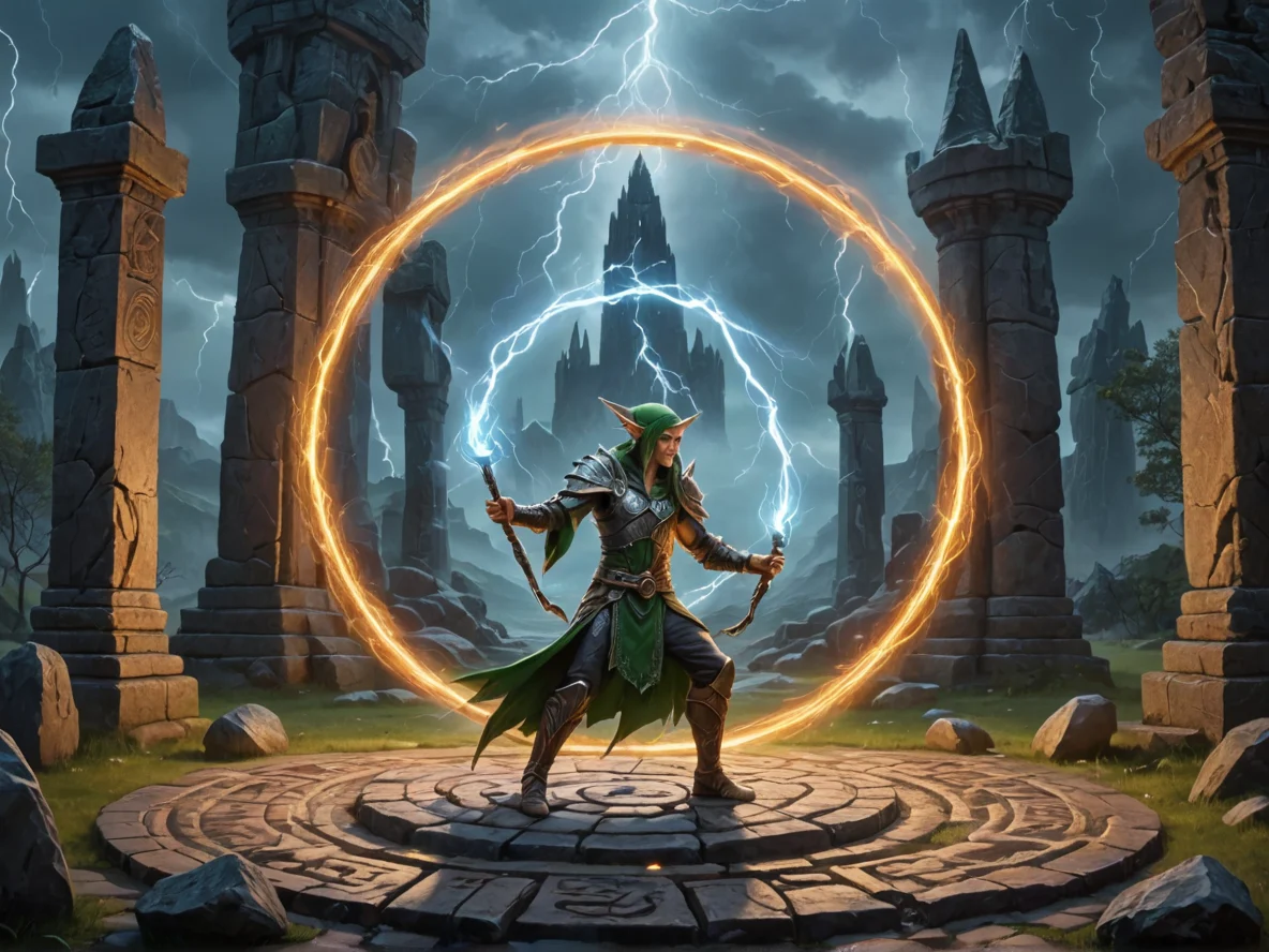 Mystical (Elf:1.1), Spellblade, In a circle of standing stones, lightning dancing between runes, medium close-up, castle courtyard, weak