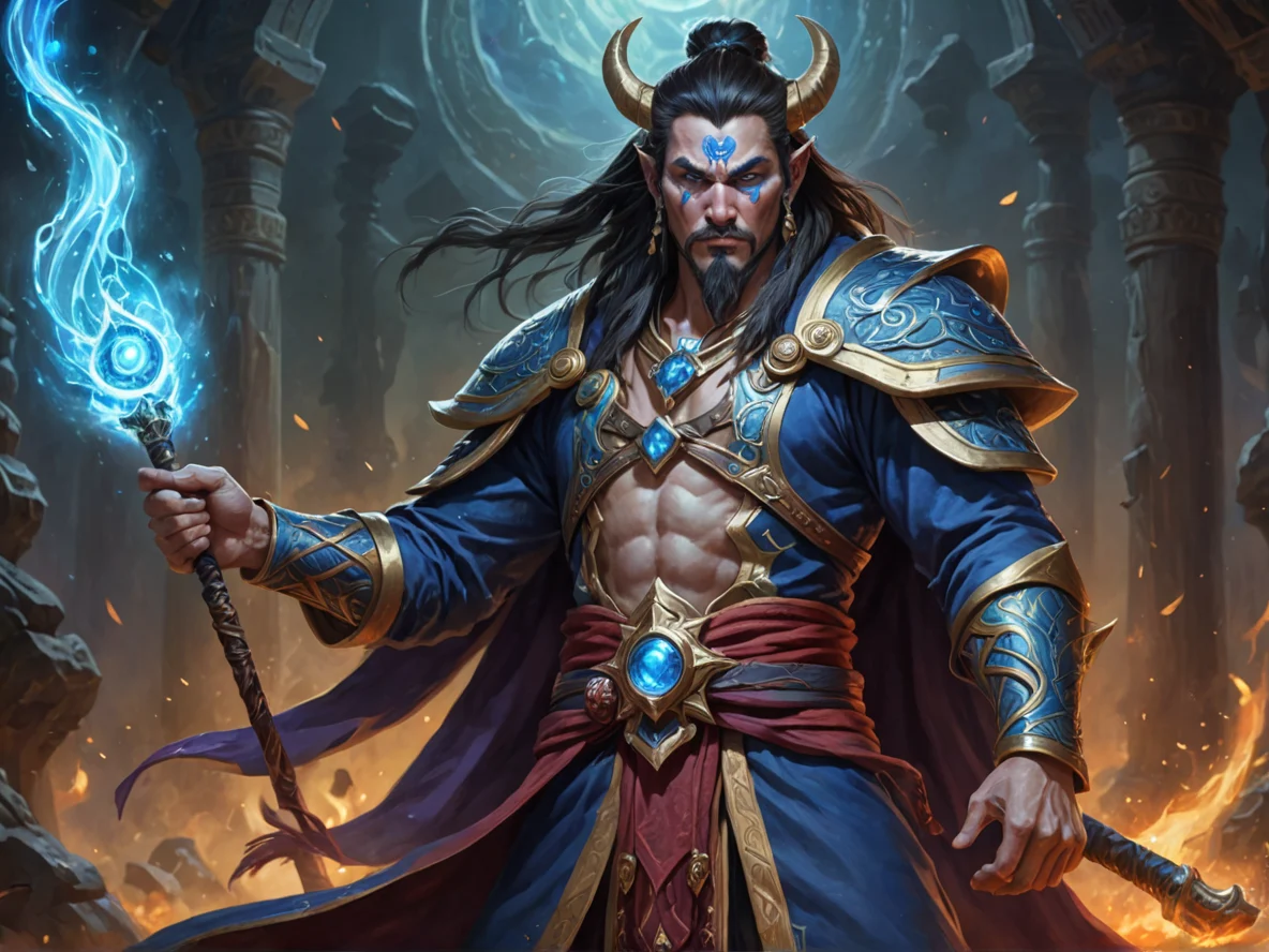 Heroic Human male, East Asian, Sorcerer, Staff of bone that summons spirits, waist-up shot, cosmic portal, weak