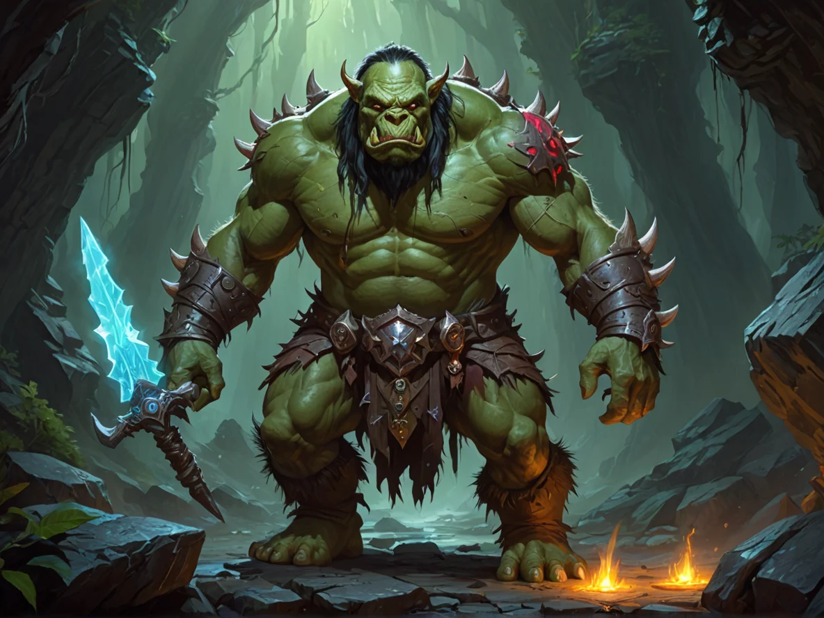 Blessed (Orc:1.1), Berserker, A spine lined with small glowing sails, full-body shot, deep ravine, weak