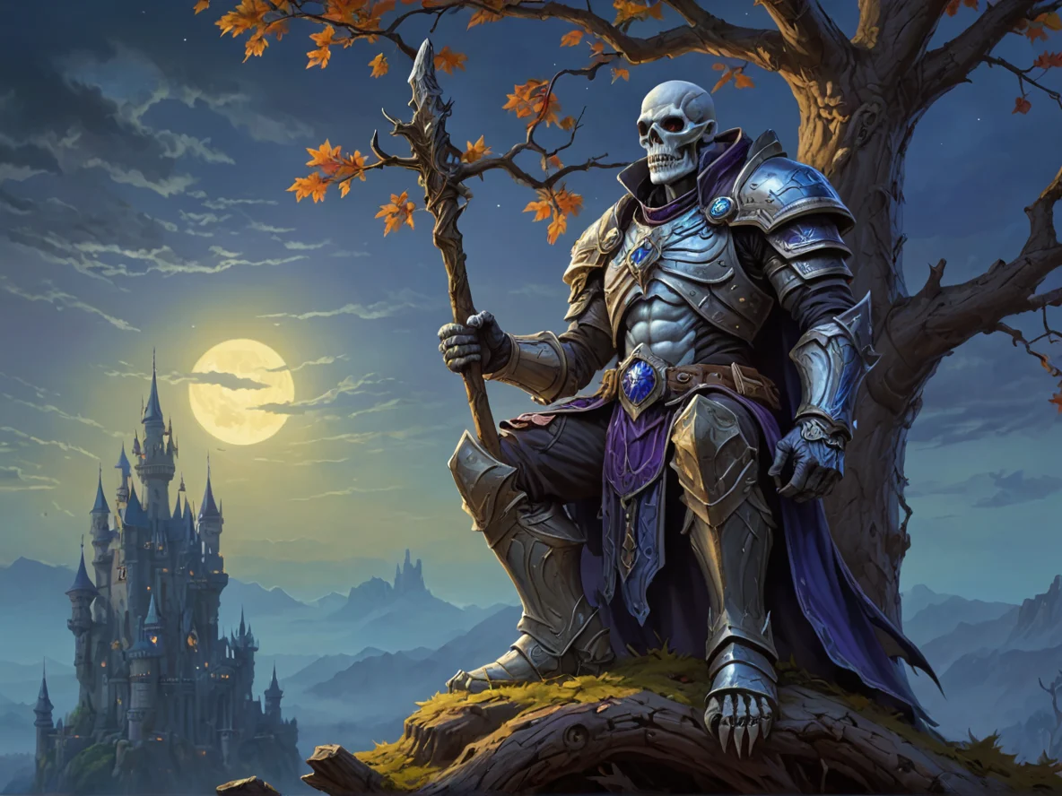 Brave (Undead:1.1), Bone Warden, Perched atop a tree, scanning the horizon, medium close-up, castle dungeon, weak