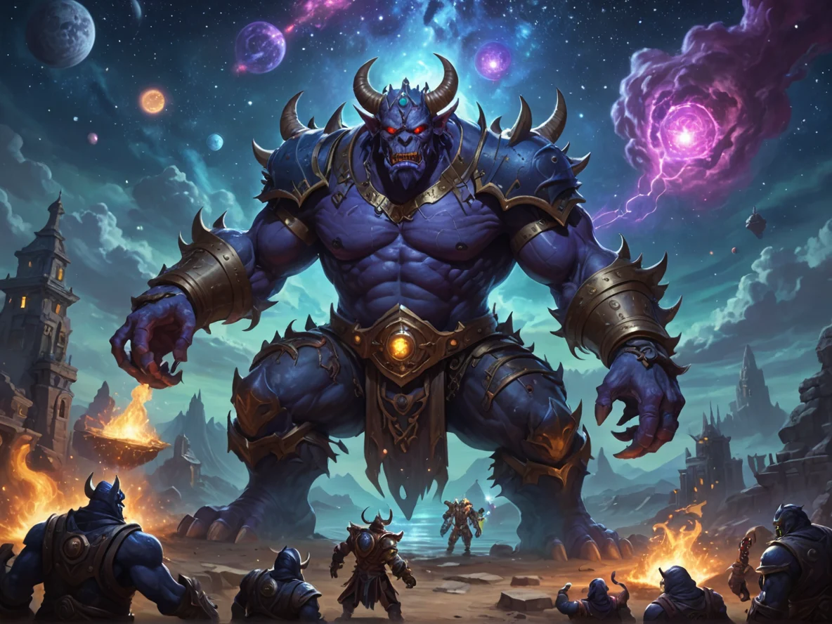 Nightbound (Demon:1.1), Illusionist, Grappling golem in sunken city, waist-up shot, starry plains, weak