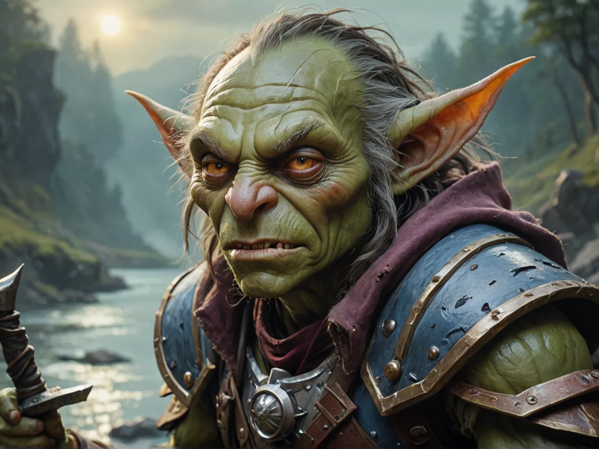 Arrogant (Goblin:1.1), Duelist, A pulse of color radiating outward with each heartbeat, close-up portrait, misty river, weak