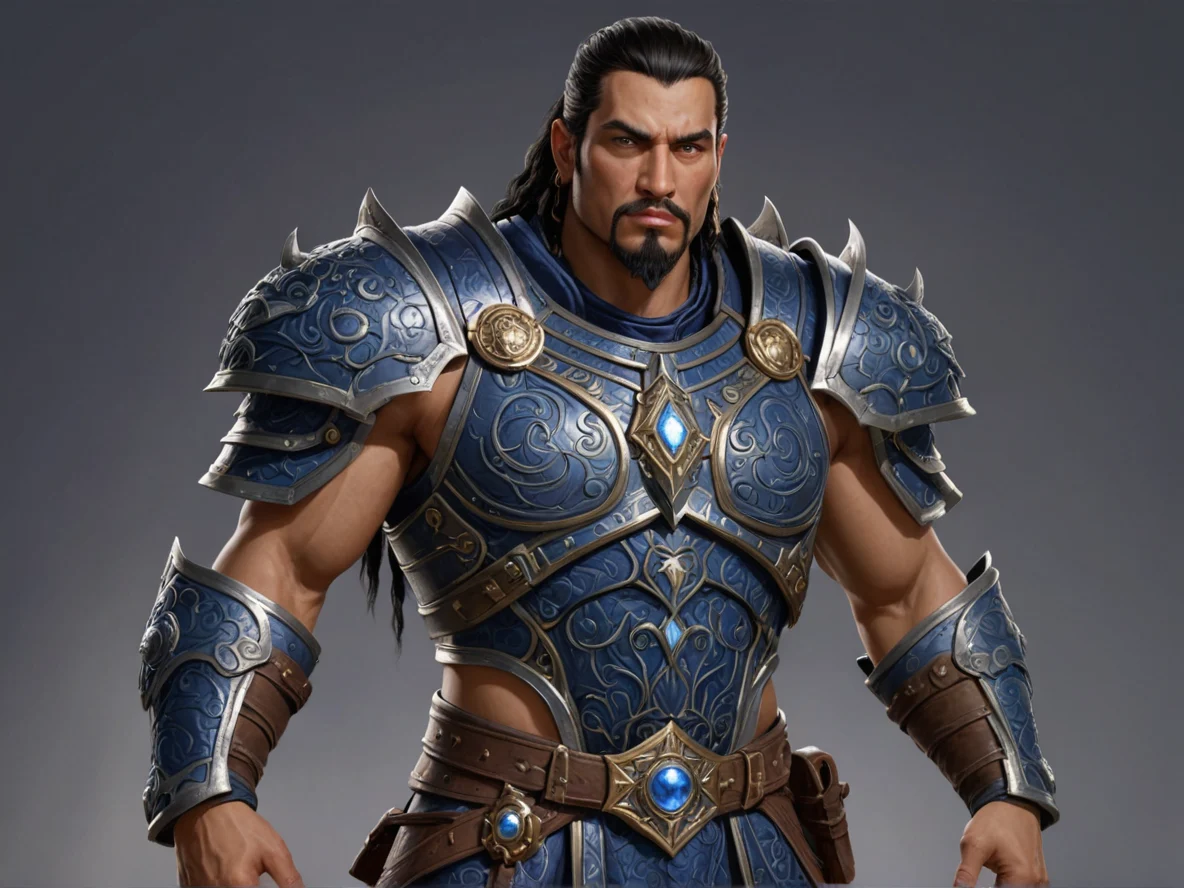 Malicious Human male, Latino, Wizard, A cuirass patterned like a midnight sky, three-quarter view, weak