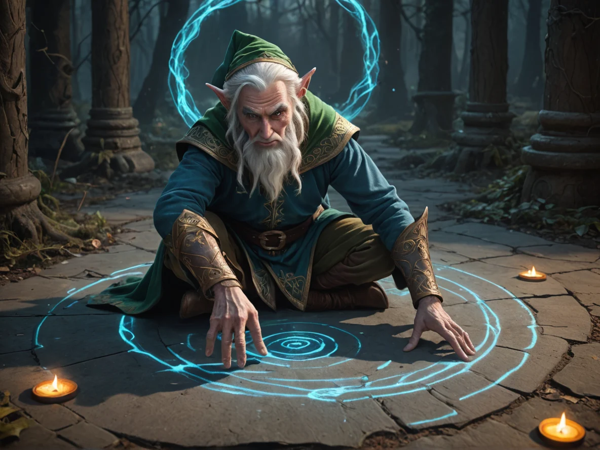 Cursed (Elf:1.1), Wizard, Tracing a magic circle on the ground with glowing chalk, low angle shot, weak