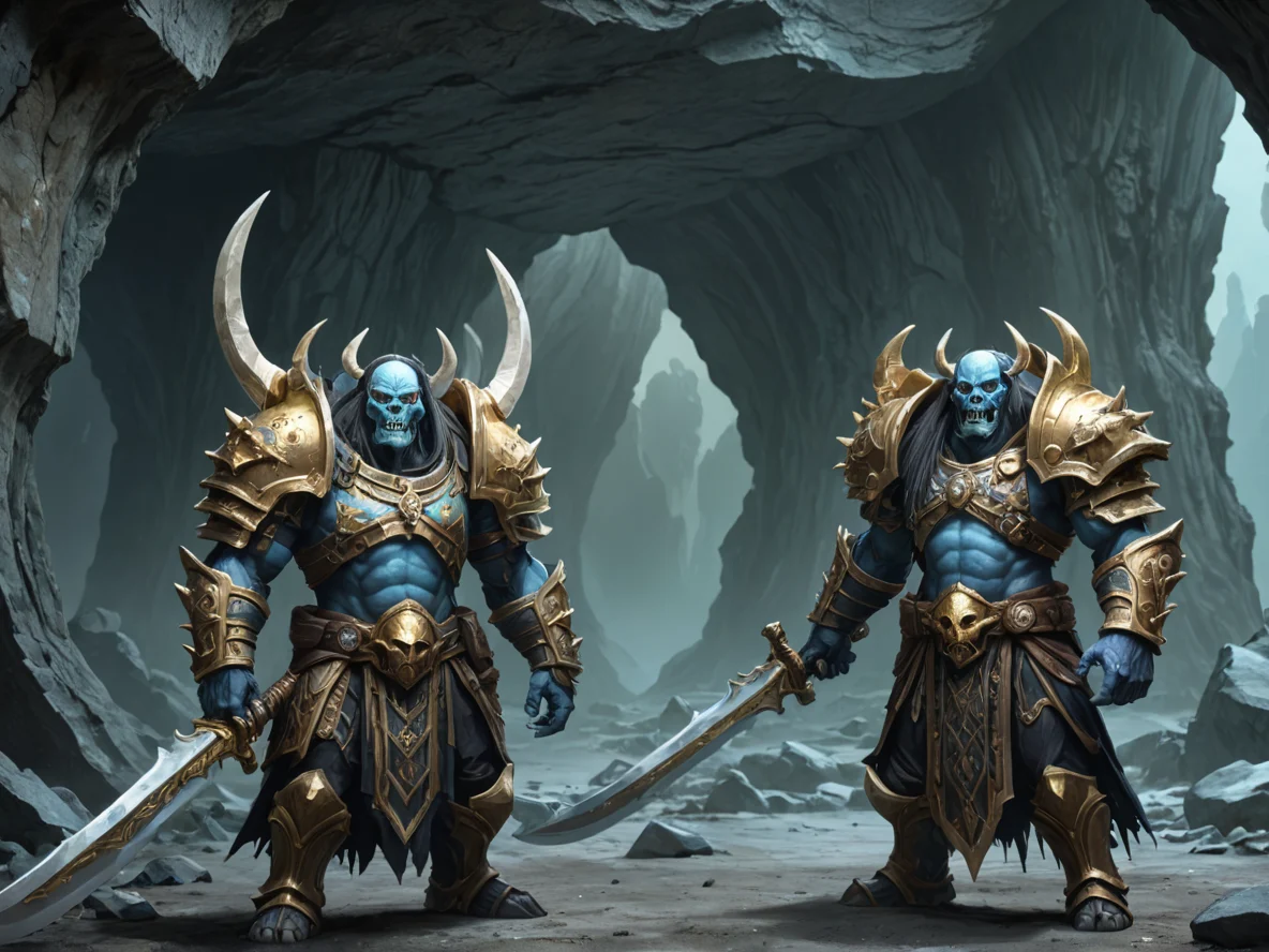 Loyal (Undead:1.1), Bone Warden, A pair of curved tusks plated with gold, low angle shot, glacial cave, weak
