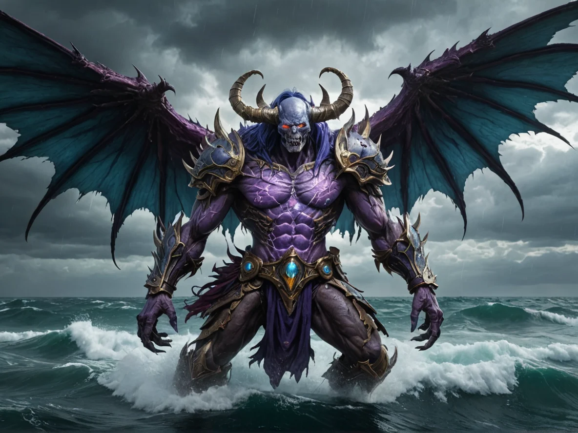 Corrupted (Undead:1.1), Voidwalker, Wings made of pure energy, three-quarter view, stormy ocean, weak