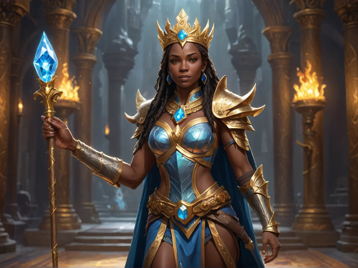Skyforged Human female, African, Battlemage, Carries a staff crowned with a glowing crystal, waist-up shot, royal throne room, weak