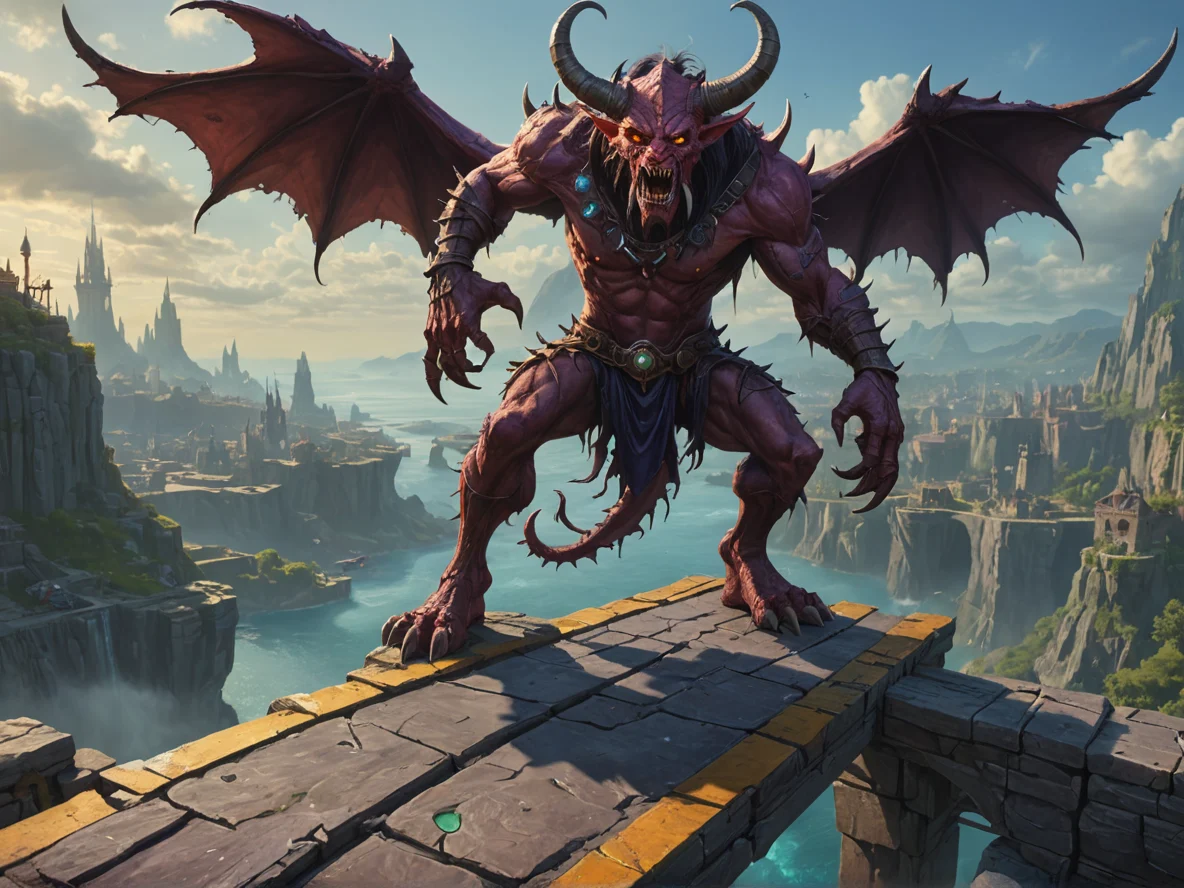 Pessimistic (Demon:1.1), Occultist, Balancing on shattered bridge above abyss, medium close-up, ruined harbor, weak
