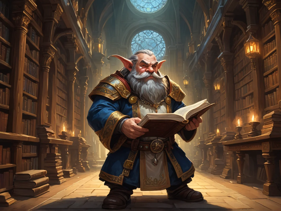 Charismatic (Dwarf:1.1), Inquisitor, In a grand library, flipping through ancient tomes, dynamic angle, weak
