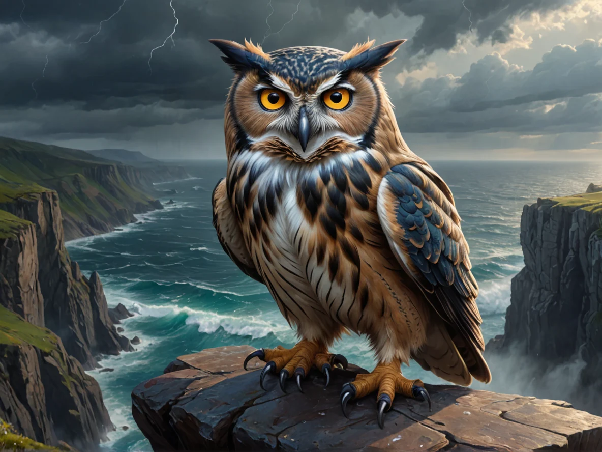 Starforged (Owl:1.1), On a cliffside, overlooking a stormy sea, medium close-up, mountain pass, weak