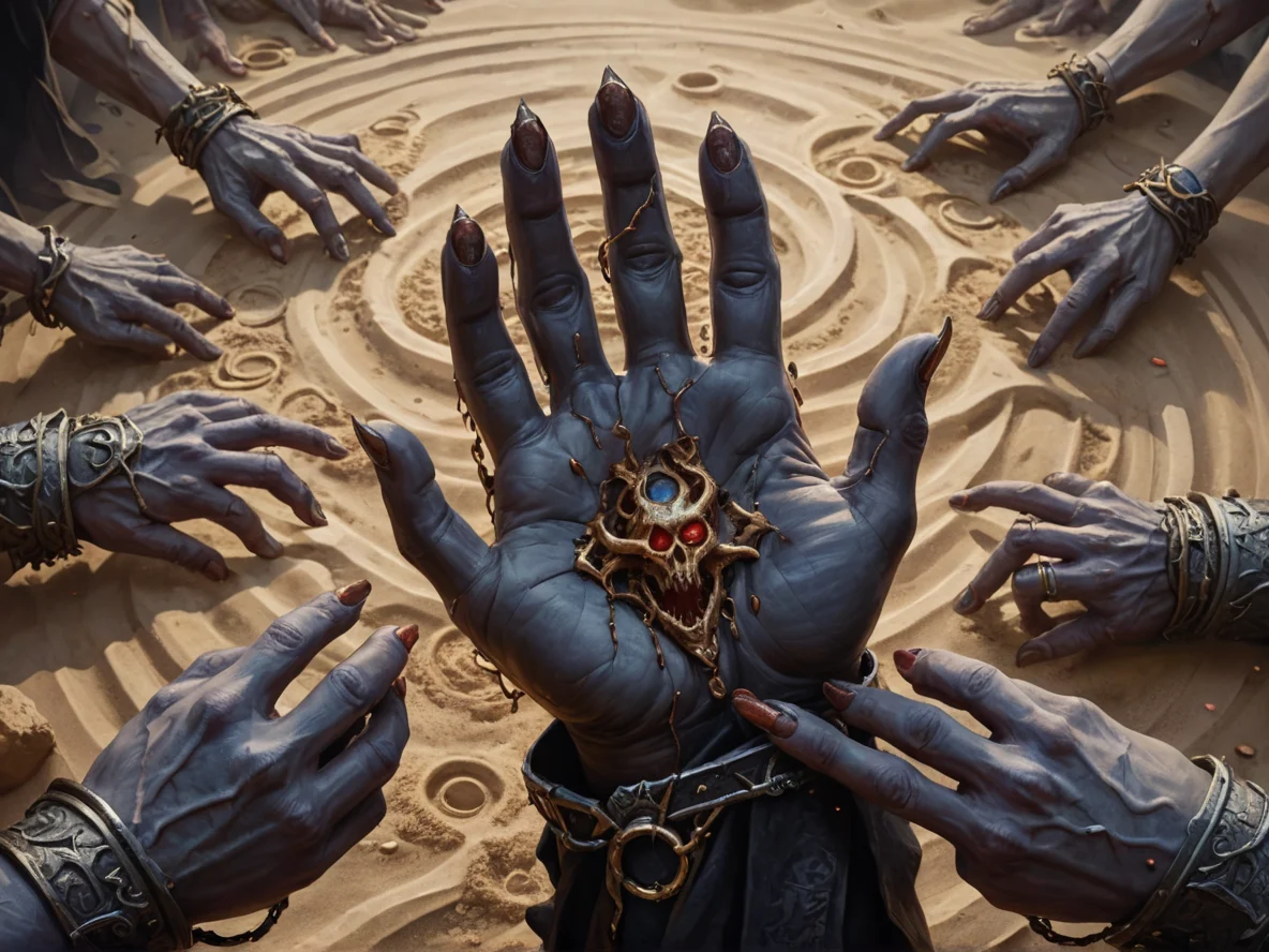 Stormforged (Undead:1.1), Vampire, Hands surrounded by tiny rings of orbiting sand, close-up portrait, mountain pass, weak