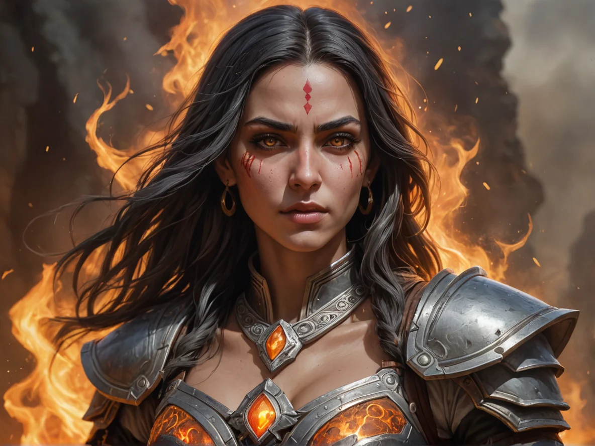 Flameforged Human female, Middle Eastern, Inquisitor, A cloud of ash forming fleeting faces, waist-up shot, weak