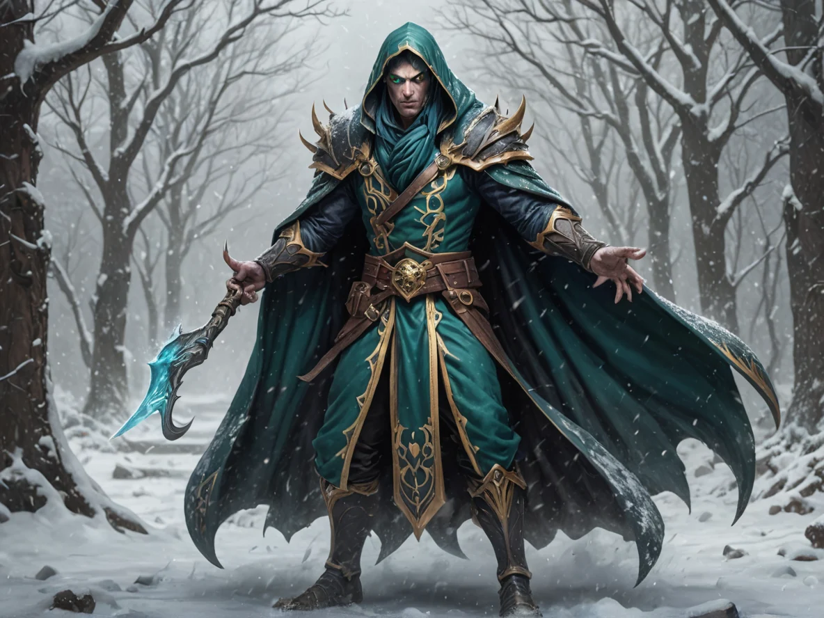 Venom-marked (Elf:1.1), Elementalist, Standing in a blizzard, cloak snapping like a banner, full-body shot, weak