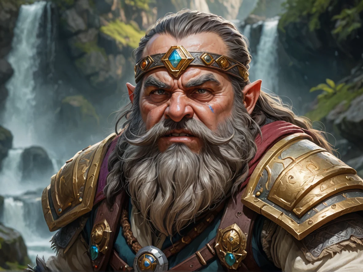 Ferocious (Dwarf:1.1), Cleric, Wears a blindfold but sees everything, close-up portrait, waterfall valley, weak