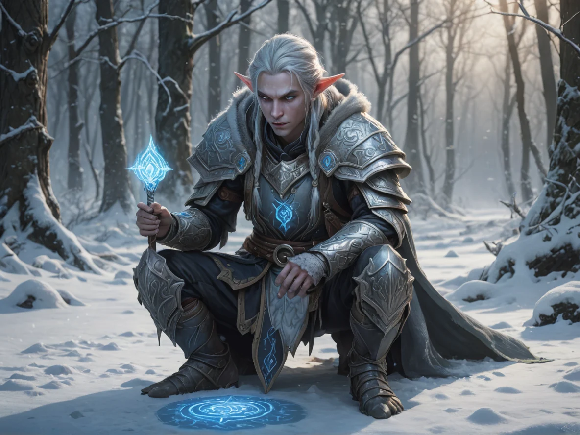 Rift-touched (Elf:1.1), Cleric, Kneeling in the snow, drawing mysterious symbols in the frost, medium close-up, misty forest, weak