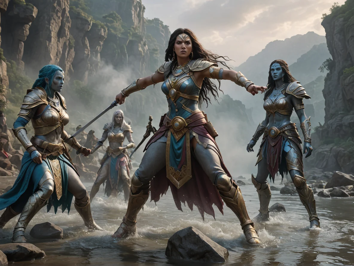 Corrupted Human female, North African, Battlemage, Fighting alongside living statues, low angle shot, misty river, weak