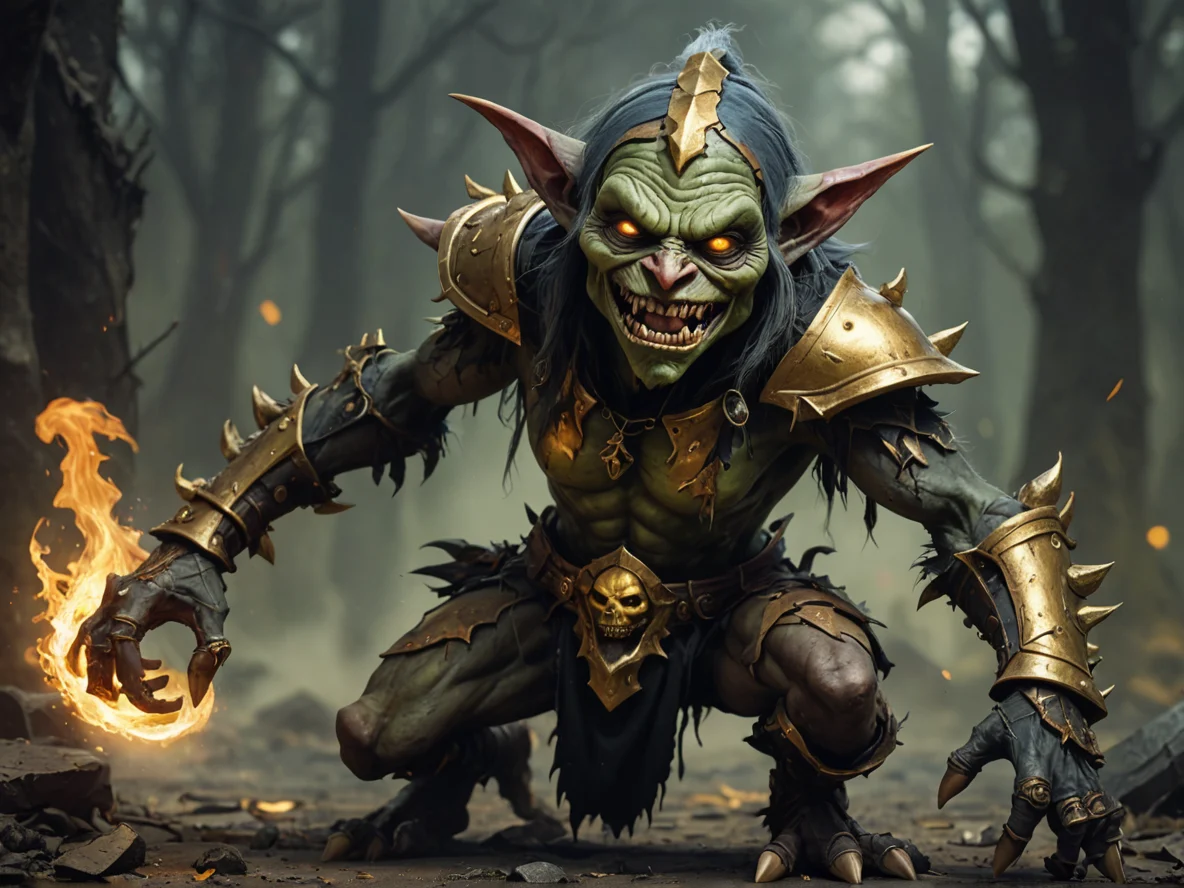Soulscarred (Goblin:1.1), Witch, A mask split between gold and obsidian, full-body shot, scorched battlefield, weak