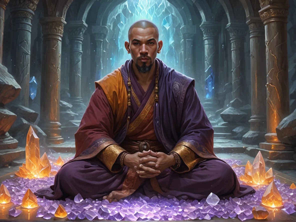 Spectral Human male, Mixed ethnicity, Monk, Inside a sanctum of floating crystals, humming with power, close-up portrait, stone bridge, weak