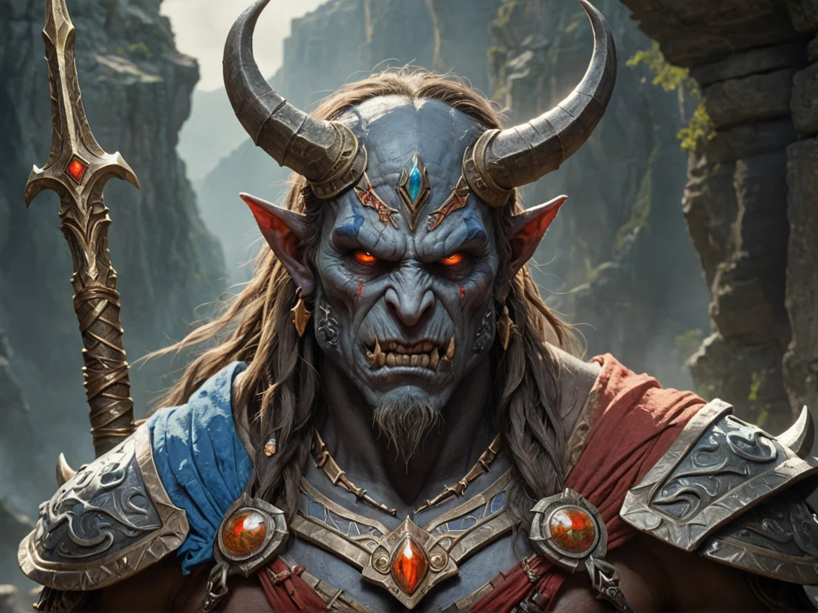 Timeworn (Demon:1.1), Harbinger, A spear wrapped in ribbons of sacred cloth, close-up portrait, stone canyon, weak