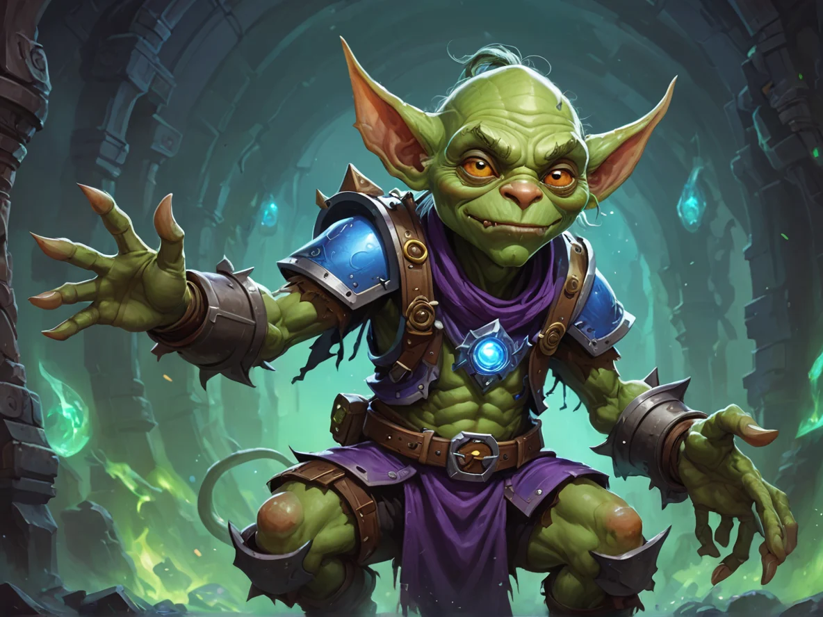 Void-touched (Goblin:1.1), Engineer, Magical bracelet floating around the wrist, waist-up shot, weak