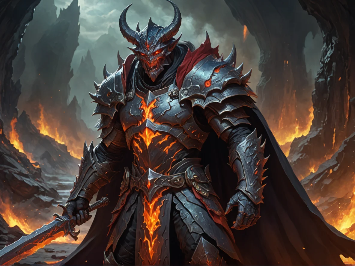 Oathbound (Demon:1.1), Dragon Knight, A cloak with an interior resembling a starless void, waist-up shot, volcanic forge, weak