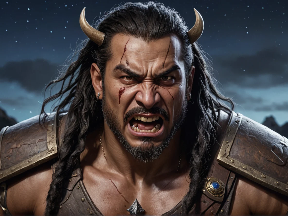 Rabid Human male, Pacific Islander, Bard, With a commanding presence before an army ready to attack, close-up portrait, night sky, weak