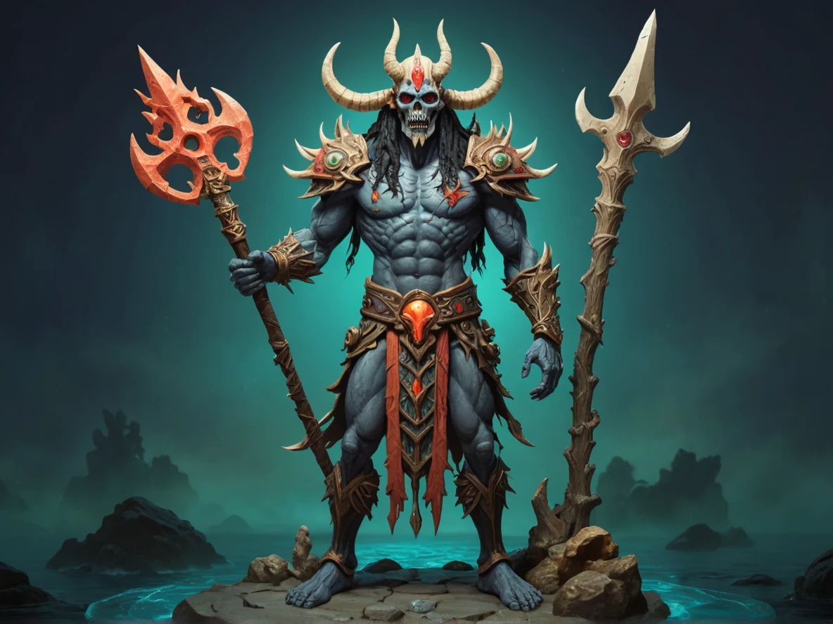 Heroic (Undead:1.1), Occultist, A trident carved from coral and bone, full-body shot, weak